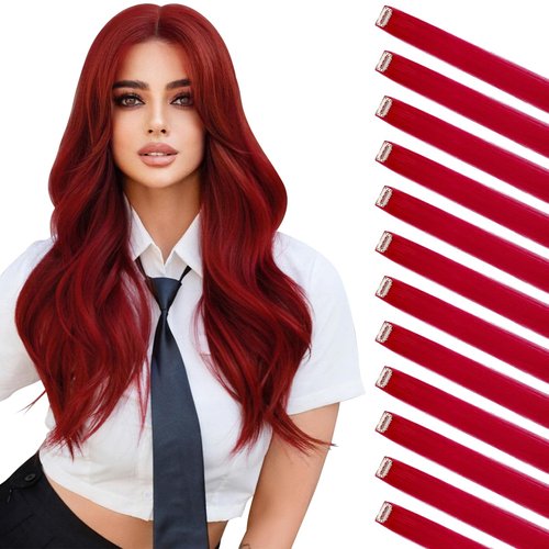 Felendy Colored Hair Extensions, 12 Pcs Rose Red Clip in Hair Extensions Highlight Colorful Strai...