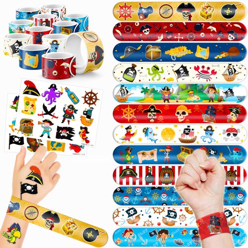 48 Pirate 24PCS Pirate Temporary Tattoos Sticker 24PCS Slap Bracelets Perfect for Themed Birthday...