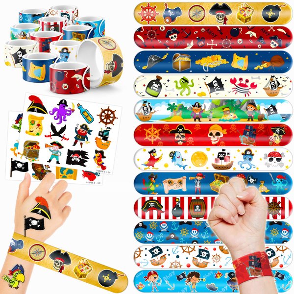48 Pirate 24PCS Pirate Temporary Tattoos Sticker 24PCS Slap Bracelets Perfect for Themed Birthday Party Favors Baby Showers or Classroom Rewards Ideal Decor and Gifts for Girls and Boys