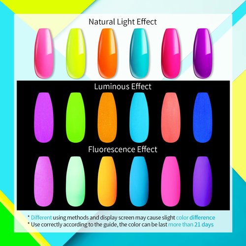 UR SUGAR Glow in the Dark Gel Nail Polish Set, Halloween Neon Hot Pink Yellow Orange Bright Luminous Gel Polish Set Fluorescent 6 Colors Glow in Dark Effect Soak Off Nail Polish Kit for Party Nails