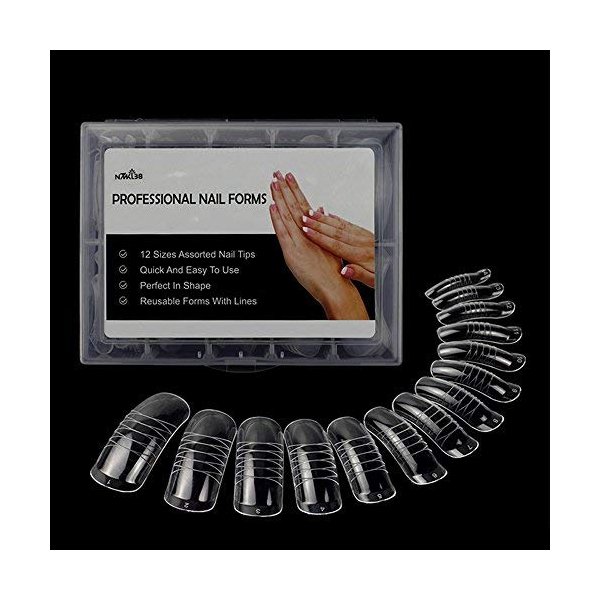 NMKL38 140PCS/Box Clear Dual Forms Acrylic Nail System UV Gel Nail Mold Full Cover Fasle Nail Tips with Scale 12 Size Manicure Pedicure Tools for Polygel Nail Tips