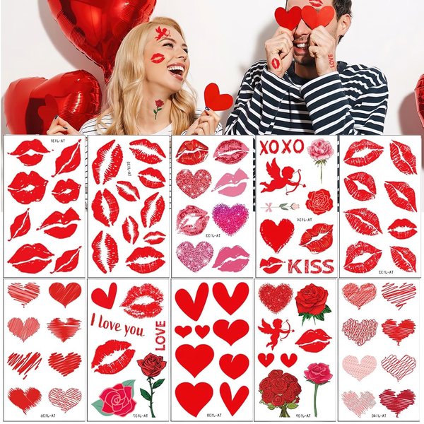 Finduat 83 Pcs Valentine's Day Red Lips Heart Temporary Tattoo Stickers Red Lip Kiss Love Cupid Rose Bouquet Waterproof Fake Tattoos