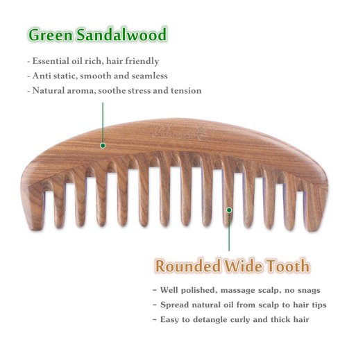 Breezelike Wide Tooth Hair Comb - Natural Detangling Wooden Comb for Curly Hair - No Static Sandalwood Comb for Women and Men