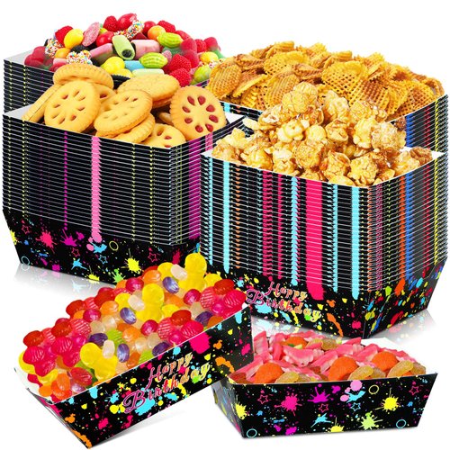 48 Pcs Neon Party Paper Food Trays Glow Party Supplies Paper Boats Paperboard Trays Snack Candy Popcorn Nacho Hot Dog Trays Serving Bowl for Neon Glow Party Colorful Graffiti Party