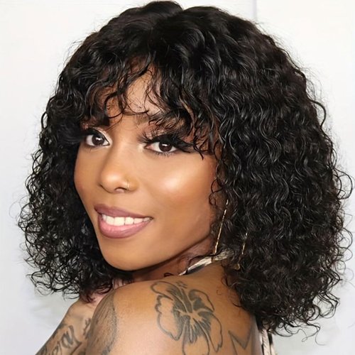 ManeMajesty Short Curly Wig with Bangs Human Hair for Black Women 3x1 HD Transparent Lace Jerry Curl Short Bob Wigs Wear and Go Glueless Wig Brazilian Virgin Human Hair Natural Color 10 inch