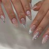 Press on Nails Medium Almond SWEKKE French Tip Fake Nails Nude Full Cover 3D Water Ripple False Nails with Silver Heart Designs Y2k Acrylic Nails Glossy Glue on Nails Artificial Nails for Women Girls