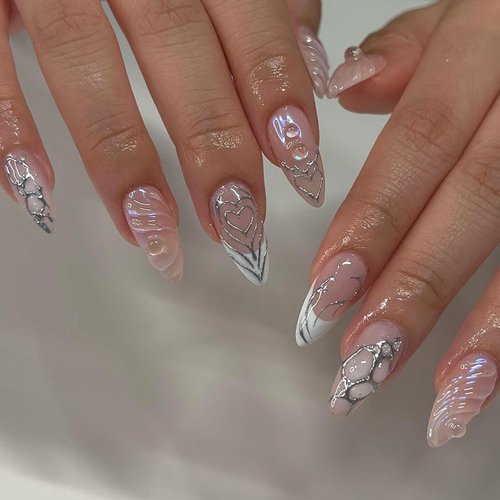 Press on Nails Medium Almond SWEKKE French Tip Fake Nails Nude Full Cover 3D Water Ripple False Nails with Silver Heart Designs Y2k Acrylic Nails Glossy Glue on Nails Artificial Nails for Women Girls