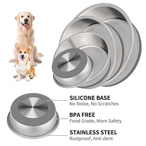 Taglory 4 Cup Stainless Steel Dog Bowls Set of 2 for Food and Water, Silicone Base Anti-Slip, Rust Resistant, Extra Thick Metal Dog Bowl for Small Dogs, 30oz, Gray