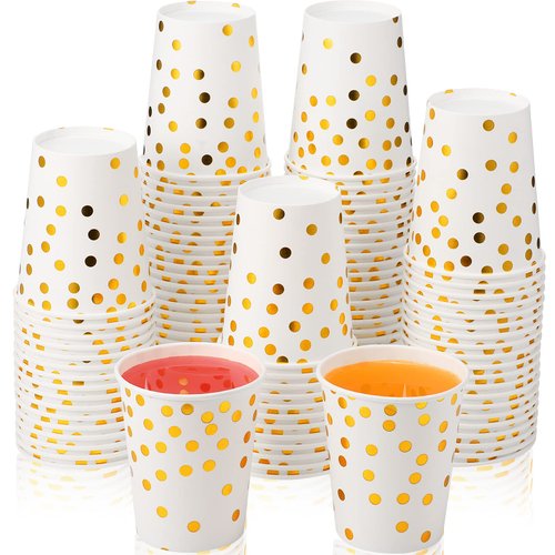 Sieral 100 Pcs Black Cups Gold Foil Disposable Paper Cups Polka Dot Black Shot Cups 9 oz Coffee Cups Bulk for Wedding Back to School Bridal Shower Party Favor(White and Gold)