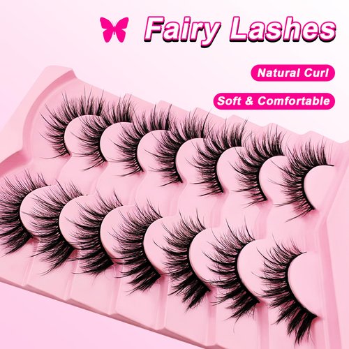 Cat-Eye Lashes Flu-ffy 21mm Manga Lashes Wispy Fairy Eyelashes, Curly Volume Spiky Lashes Faux Mink False Eyelashes that look like extensions Lashes Natural Look 7 Pairs Pack(ZD11)