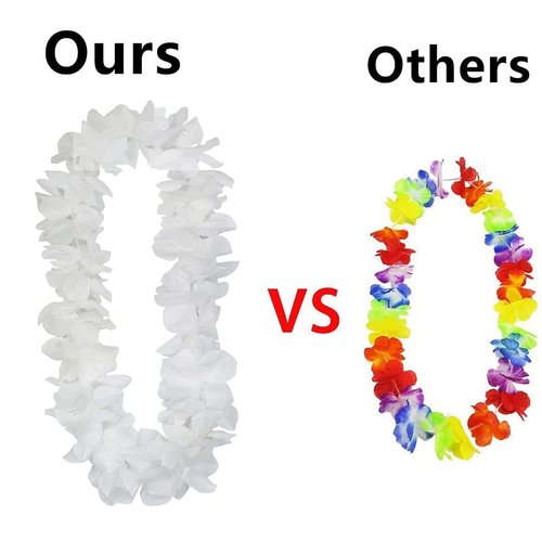 4 Pcs White Hawaiian Leis with Green Leaves for Graduation Party, Dance Party, Photo Prop in Outdoors (White-02)