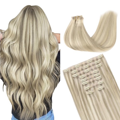 GOO GOO Clip in Hair Extensions Real Human Hair, 14inch 130g 9Pcs, 17A/60A Ash Blonde Highlighted Platinum Blonde, Remy Human Hair Extensions Clip ins for Women, Natural Human Hair