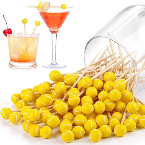 Aodaer 100 Pieces Bamboo Cocktail Picks 4.7 Inch Decorative Sports Ball End Cocktail Skewers Wooden Decorative Fruit Toothpicks Fruits Sandwich Buffets Party Supplies (Tennis)