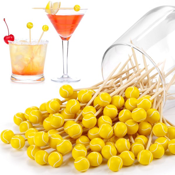 Aodaer 100 Pieces Bamboo Cocktail Picks 4.7 Inch Decorative Sports Ball End Cocktail Skewers Wooden Decorative Fruit Toothpicks Fruits Sandwich Buffets Party Supplies (Tennis)