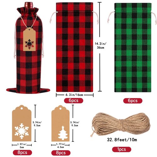 DULEFUN 12pcs Christmas Wine Gift Bags, Christmas Wine Bags Classic Buffalo Plaid Wine Bottle Bags Reusable Burlap Xmas Wine Bottle Covers Clothes for Christmas New Year Wedding Holiday Parties