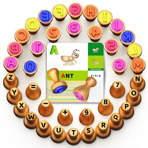 flycoost Wooden Alphabet Number Stamp for Kids,Montessori Learning Toys for 3 4 5 Year Olds,ABC Spelling Letter Math Number Stampers Flashcard Toys,Preshcool Classroom Arts and Crafts Supplies