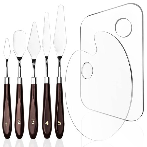 Set of 7, Acrylic Paint Palette and Palette Knife Painting SourceTon 2 Pieces with Thumb Hole Clear Paint Pallet and 5 Stainless Steel Wooden Handle Spatulas for Painting