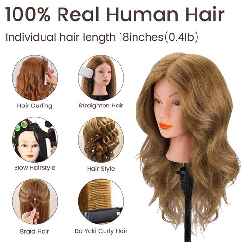 Mannequin Head with 100% Real Hair, CENOZ 18" Hairdresser Cosmetology Training Head with Stand and Tool, Manikin Training Practice Head, Doll Head for Hair Styling （Light Brown）