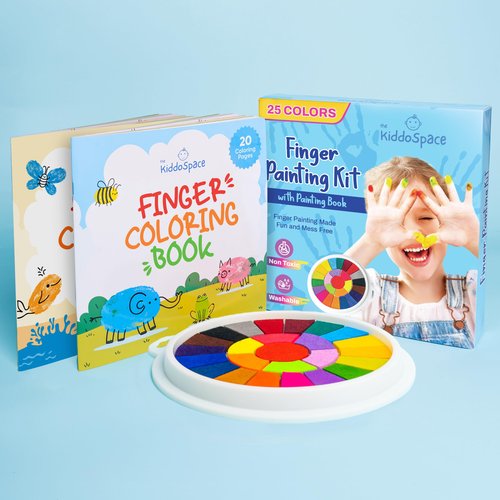 KiddoSpace Finger Painting Kit for toddlers - Non Toxic Washable 25-Color Set With Toddler Friendly Art Book - Kids Washable Finger Paint - Mess Free Finger Painting- Ideal For Creative Fun, Ages 1-14