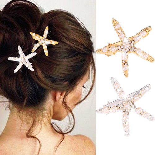 Banatra Starfish Hair Clips Pearl Hair Barrettes Crystal Hair Pin Beach Hair Pieces Hair Accessories for Women and Girls (Pack of 2)