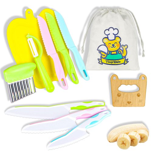 TinyHalo 11 Pcs Wooden Kids Kitchen Knife, Kids Knife Set with Cutting Board Fruit Vegetable Crinkle Cutters Serrated Edges Plastic Toddler Knifes for Real Cooking Kid Safe Knives…