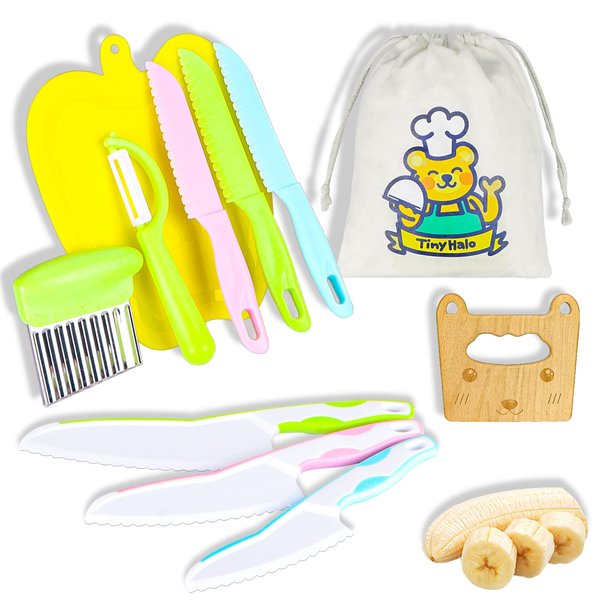 TinyHalo 11 Pcs Wooden Kids Kitchen Knife, Kids Knife Set with Cutting Board Fruit Vegetable Crinkle Cutters Serrated Edges Plastic Toddler Knifes for Real Cooking Kid Safe Knives…