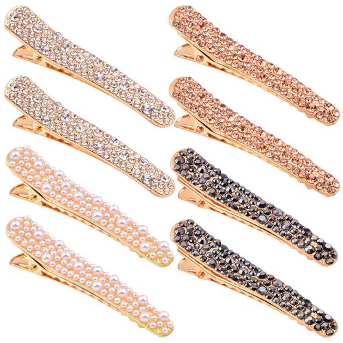 8 Pieces Pearl Rhinestone Alligator Hair Clips Metal Fancy Crystal Duckbill Hairpins Clips Hair Barrettes Tools Accessories for Women Hair Styling Decorations, 4 Colors