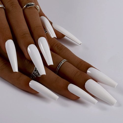 Blufly Glossy Press on Nails Long Square Coffin Fake Nails Acrylic False Nails Tips Ballerina Nails for Women and Girls (Blue) (Style F)