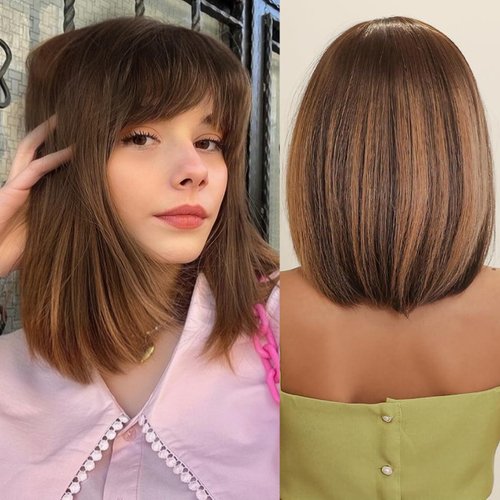 testar Brown Wig With Bangs Short Brown Bob Wigs for Women Natural Hair Wig Straight Bob Wigs Heat Resistant Synthetic Fiber Wigs For Girls Cosplay Party 14 IN