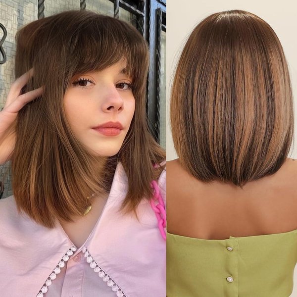 testar Brown Wig With Bangs Short Brown Bob Wigs for Women Natural Hair Wig Straight Bob Wigs Heat Resistant Synthetic Fiber Wigs For Girls Cosplay Party 14 IN