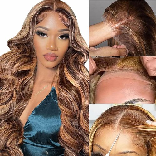 Wear and Go Glueless Wigs Human Hair Pre Plucked Pre Cut 5x5 HD Transparent Lace Closure Wigs Human Hair 180% Density P4/27 Highlight Ombre Body Wave Lace Front Wigs Human Hair 18 Inch