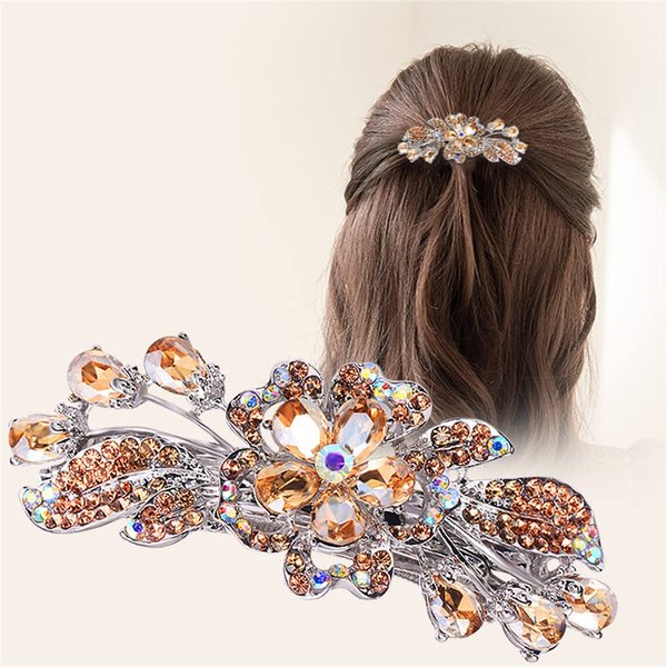 Aimimier Luxury Crystal Inlaid Floral Hair Clasp Dainty Rhinestone Hair Pins Barrettes Bridal Headpieces Wedding Hair Accessories for Women(Champagne)
