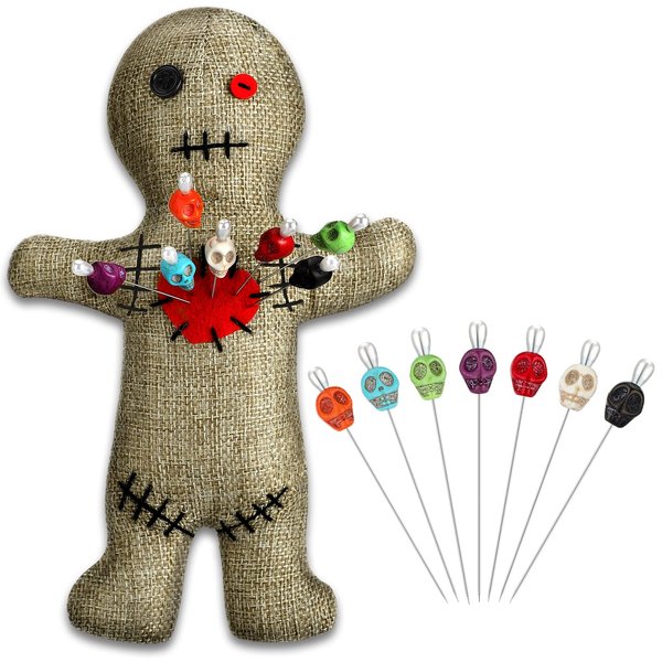 Kathfly 8 Pcs Voodoo Doll Set Include Horror Doll, 7 Pcs Skull Pins Ghost Doll Soft Revenge Dammit Creepy Dolls Pin Holder Voodoo Resin Metal Straight Pins Stress Relieving(Flaxen)