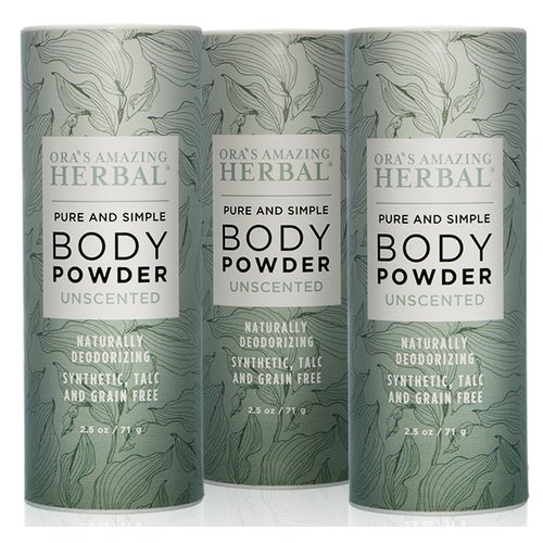 Natural Body Powder, Unscented, 2.5 ounces Pack of 3, Fragrance Free Dusting Powder Clay Powder, No Talc, Corn, Grain or Gluten, non GMO Made In The USA, Ora's Amazing Herbal