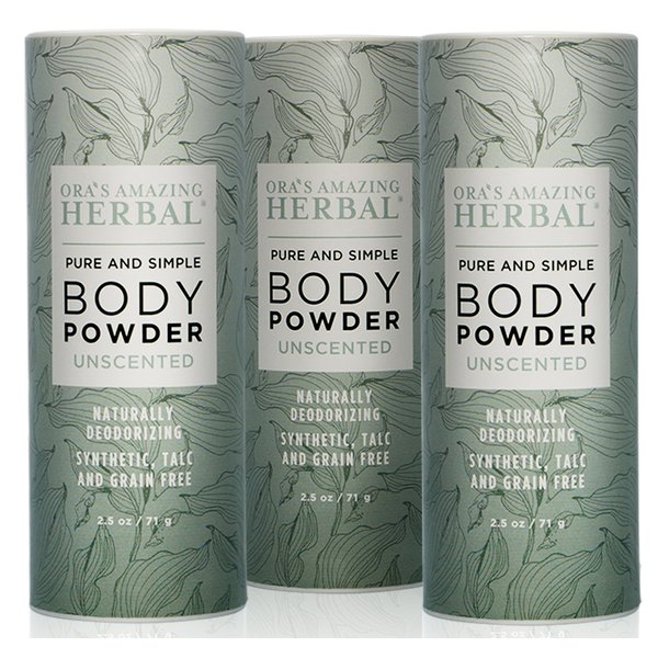 Natural Body Powder, Unscented, 2.5 ounces Pack of 3, Fragrance Free Dusting Powder Clay Powder, No Talc, Corn, Grain or Gluten, non GMO Made In The USA, Ora's Amazing Herbal