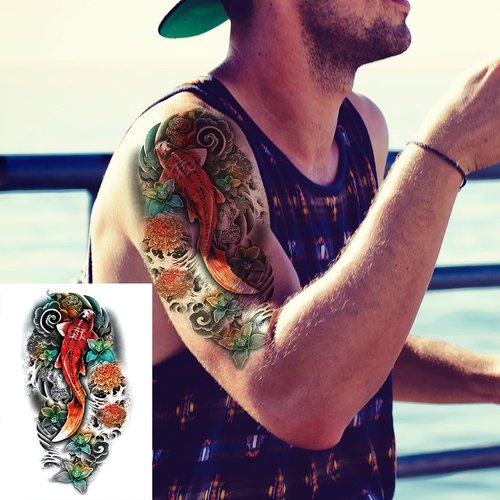 Oottati 2 Sheets Arm Thigh Waterproof Temporary Tattoo Stickers Wave Flower Lotus Koi Carp Fish