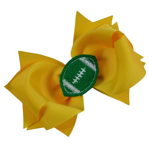 Girls Football Hair Bow 4.5 Inch Embroidered Football Team Hair Bow (Yellow Gold Bow with Green Ball)