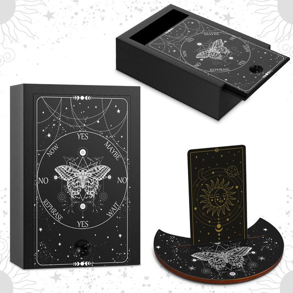 Wooden Tarot Card Case and Wooden Tarot Card Stand Holder, Tarot Cards Box Fortune Telling Trinket Keepsake Box with Pendulum Board Moon Shape Tarot Card Altar Display Stand for Witch (Stylish Style)