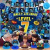 Video Game 7th Birthday Party Decorations Blue Black Happy Birthday Level 7 Banner Backdrop Honeycomb Centerpieces Hanging Swirls Tissue Paper Pompoms Kit for Boy 7 Years Old Game Controller Supplies