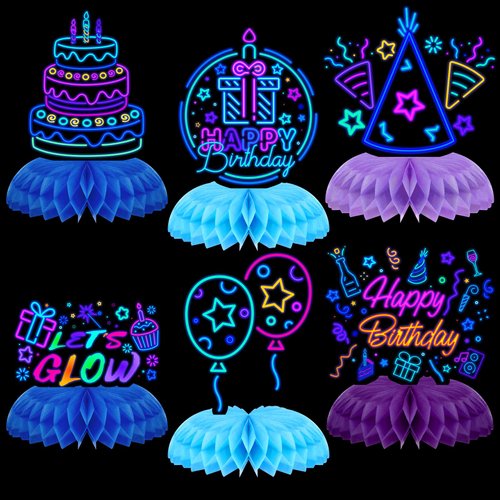 Chinco 6 Pcs Glow Party Birthday Centerpieces Neon Birthday Decorations Honeycomb Birthday Centerpieces Neon Centerpieces for Tables Neon Birthday Party Supplies(Vibrant)