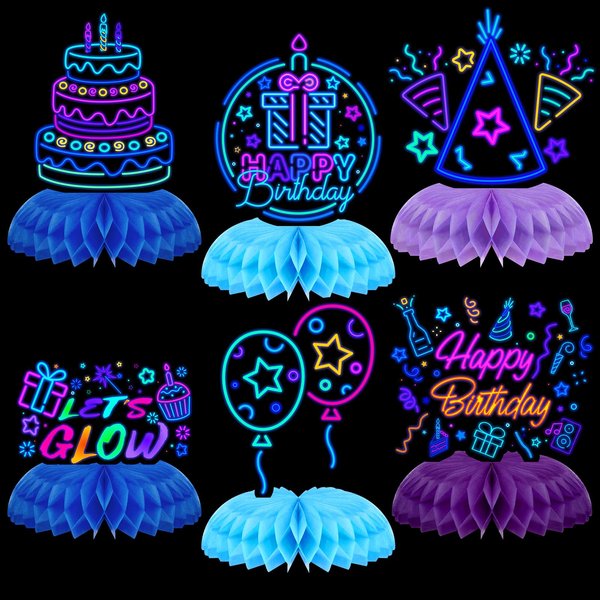 Chinco 6 Pcs Glow Party Birthday Centerpieces Neon Birthday Decorations Honeycomb Birthday Centerpieces Neon Centerpieces for Tables Neon Birthday Party Supplies(Vibrant)