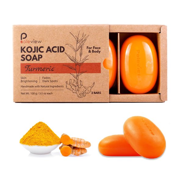 Poleview Natural Kojic Acid Soap for Hyperpigmentation - Turmeric Soap Bar for Hand & Body Cleansing - 3.5oz x 2 Bars