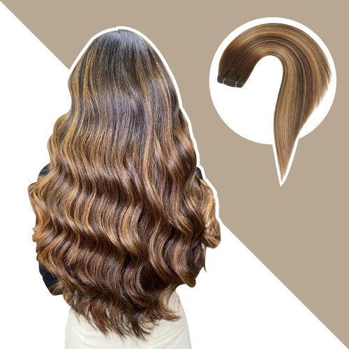 Jerriess Sew in Hair Extensions Real Human hair, Double Drawn Weft Hair Extensions human hair, Silky Soft &Shiny Human hair extensions sew in, 100g Balayage Chocolate Brown to Caramel Blonde, 18 inch