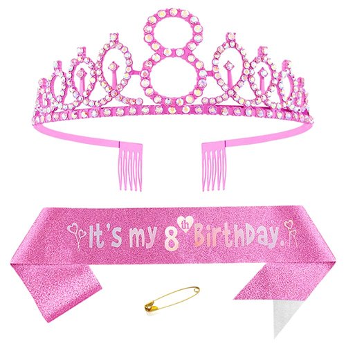 Yijunmca Pink 8th Birthday Sash for Girls Birthday Princess Crown Queen Tiara Rhinestone Birthday Headbands Birthday Girl Sash Happy Birthday Decorations for Girls 8 Year Old Birthday Party Supplies