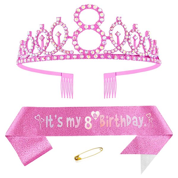 Yijunmca Pink 8th Birthday Sash for Girls Birthday Princess Crown Queen Tiara Rhinestone Birthday Headbands Birthday Girl Sash Happy Birthday Decorations for Girls 8 Year Old Birthday Party Supplies