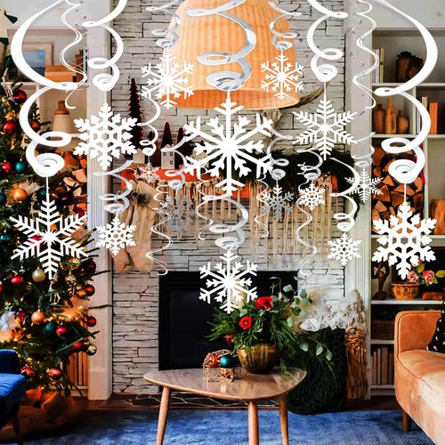 Zayvor 40Ct Christmas Snowflake Hanging Swirl Decorations,Christmas Hanging Ceiling Streamers Snowflake Hanging Swirls and Strings Decoration, Winter Party Wonderland Xmas Holiday Decor Supplies