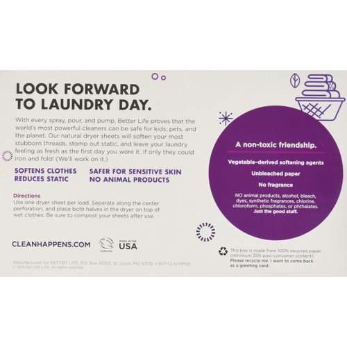 Better Life Natural Dryer Sheets, Unscented, 80 Count