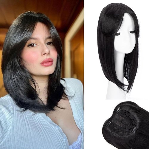 Topper Cover 18inch Big Base Cover Thinning Hair White Hair Straight Hair Clip in Hair Toppers for Women Fiber Wiglets with Fringe (Natural Black)