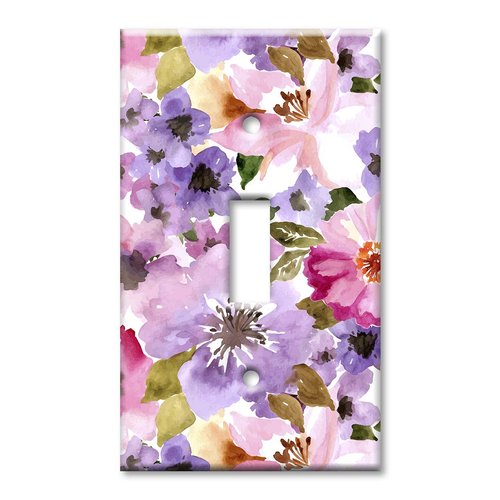 Art Plates 1-Gang Toggle OVERSIZED Switch Plate - OVER SIZE Decorative Metal Wall Plate - Pink and Purple Flower Watercolor - (Made in USA)