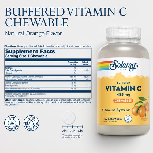 SOLARAY Chewable Vitamin C Buffered Natural Orange Flavor w/Rose HIPS & Acerola 500mg 100 Chewables